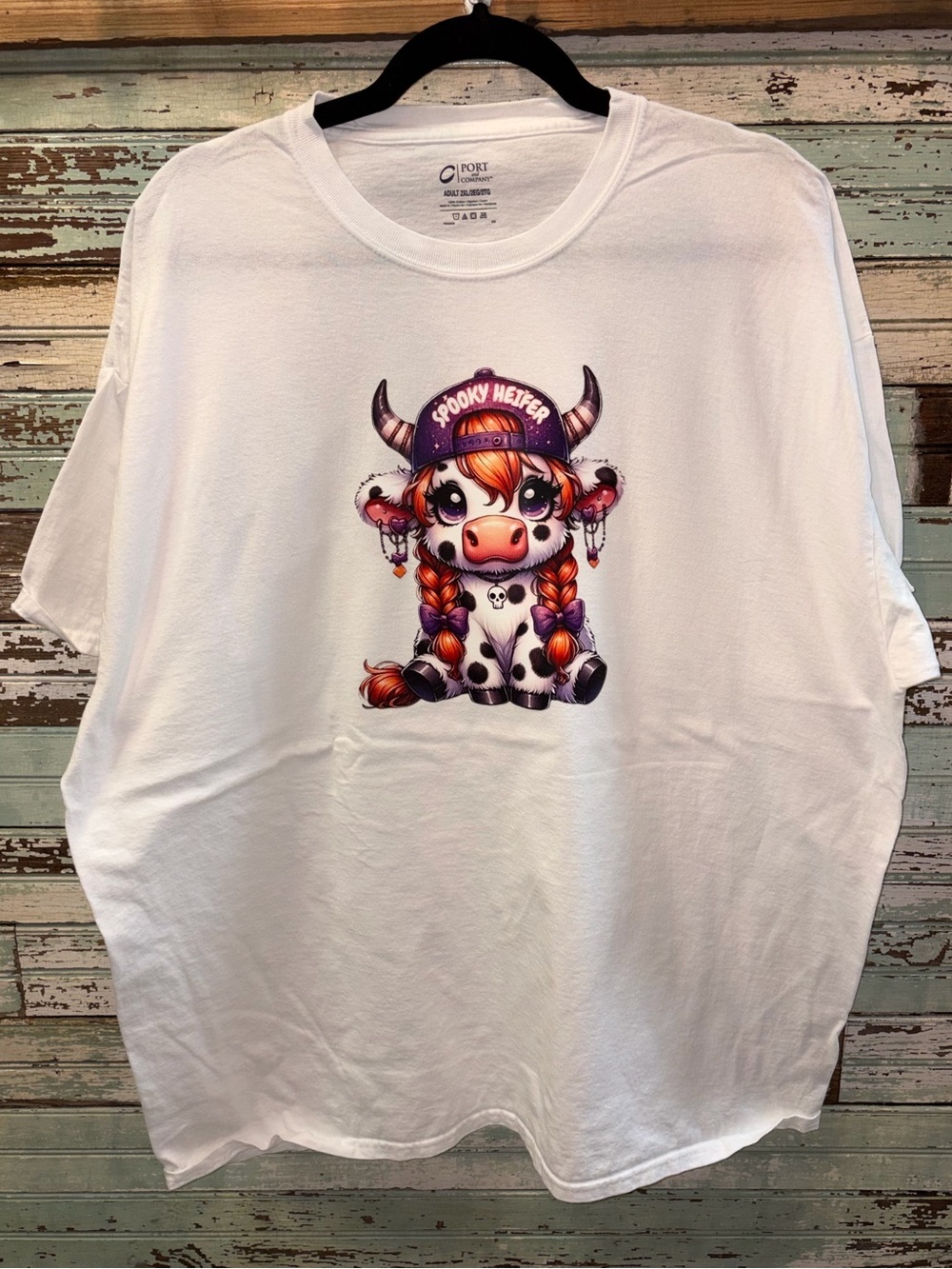 Port and Company White Tee with Orange & Purple Spooky Heifer Graphic - Picture 1 of 4